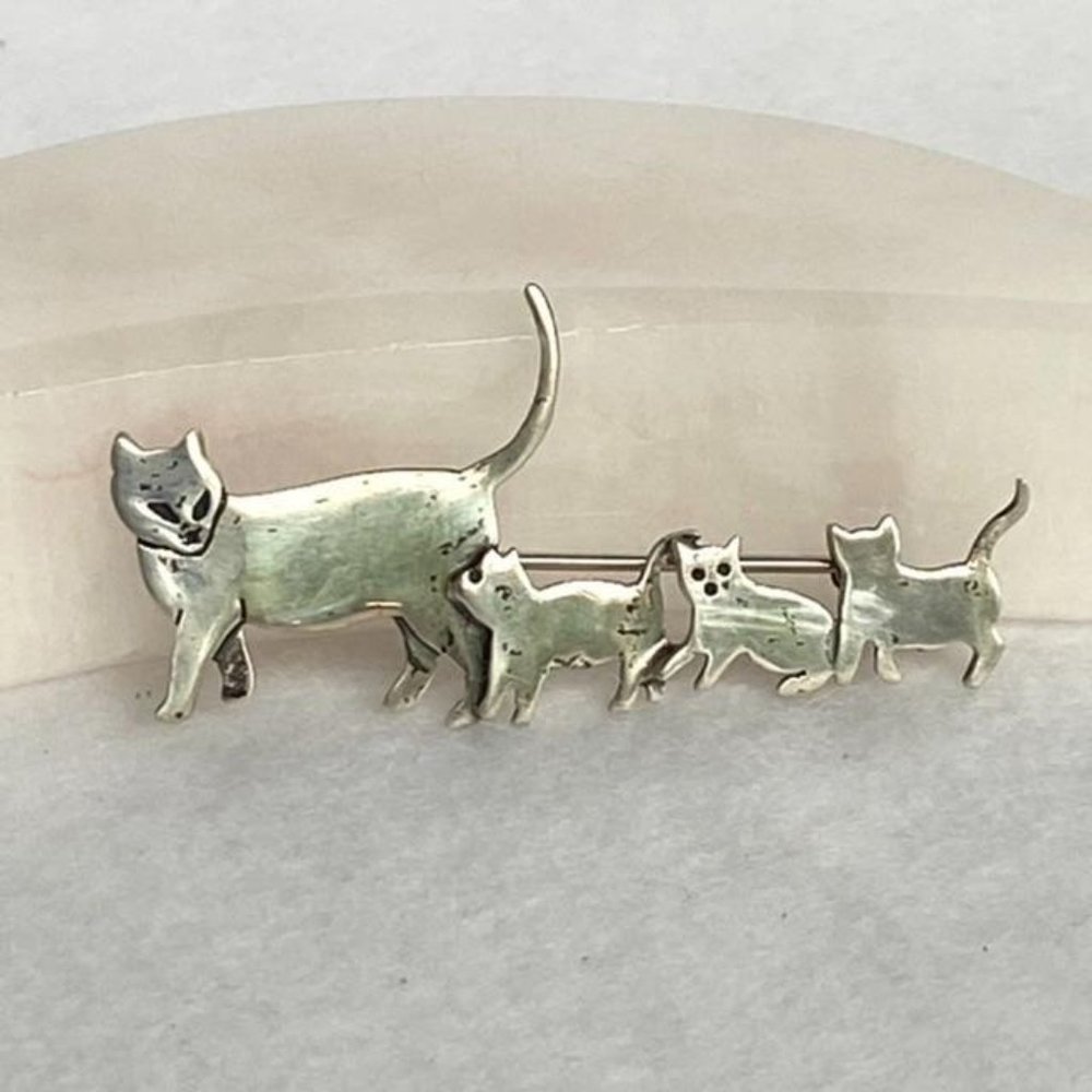 VTG Sterling Silver Mama Cat 3 Kittens Brooch Great Falls Metal Works GFMW 925 - Picture 2 of 11